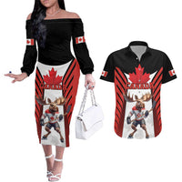 Custom Canada Hockey Couples Matching Off The Shoulder Long Sleeve Dress and Hawaiian Shirt Moose Playing Ice Hockey