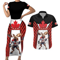 Custom Canada Hockey Couples Matching Short Sleeve Bodycon Dress and Hawaiian Shirt Moose Playing Ice Hockey