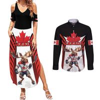 Custom Canada Hockey Couples Matching Summer Maxi Dress and Long Sleeve Button Shirt Moose Playing Ice Hockey