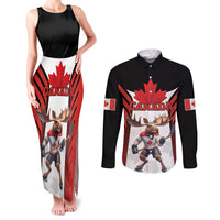 Custom Canada Hockey Couples Matching Tank Maxi Dress and Long Sleeve Button Shirt Moose Playing Ice Hockey