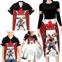 Custom Canada Hockey Family Matching Long Sleeve Bodycon Dress and Hawaiian Shirt Moose Playing Ice Hockey