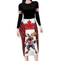Custom Canada Hockey Family Matching Long Sleeve Bodycon Dress and Hawaiian Shirt Moose Playing Ice Hockey