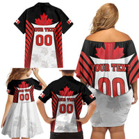 Custom Canada Hockey Family Matching Off Shoulder Short Dress and Hawaiian Shirt Moose Playing Ice Hockey