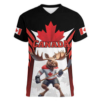 Custom Canada Hockey Women V-Neck T-Shirt Moose Playing Ice Hockey