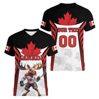 Custom Canada Hockey Women V-Neck T-Shirt Moose Playing Ice Hockey