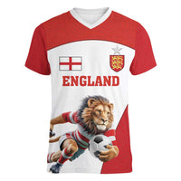 Custom England Football Women V-Neck T-Shirt Lion Mascot Sporty Version