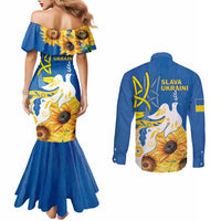 Stand For Ukraine Couples Matching Mermaid Dress and Long Sleeve Button Shirt Dove Of Peace Sunflower