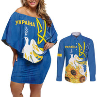Stand For Ukraine Couples Matching Off Shoulder Short Dress and Long Sleeve Button Shirt Dove Of Peace Sunflower