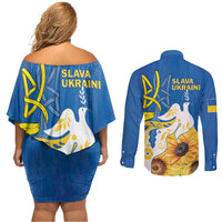Stand For Ukraine Couples Matching Off Shoulder Short Dress and Long Sleeve Button Shirt Dove Of Peace Sunflower