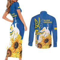 Stand For Ukraine Couples Matching Short Sleeve Bodycon Dress and Long Sleeve Button Shirt Dove Of Peace Sunflower