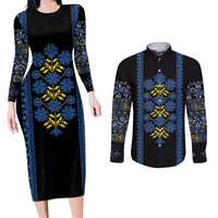 Ukraine Folk Patterns Couples Matching Long Sleeve Bodycon Dress and Long Sleeve Button Shirt Sporty Style