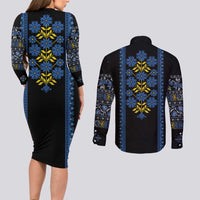 Ukraine Folk Patterns Couples Matching Long Sleeve Bodycon Dress and Long Sleeve Button Shirt Sporty Style