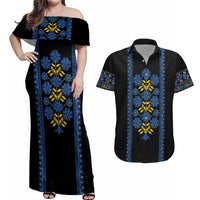 Ukraine Folk Patterns Couples Matching Off Shoulder Maxi Dress and Hawaiian Shirt Sporty Style
