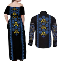 Ukraine Folk Patterns Couples Matching Off Shoulder Maxi Dress and Long Sleeve Button Shirt Sporty Style