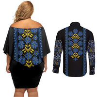 Ukraine Folk Patterns Couples Matching Off Shoulder Short Dress and Long Sleeve Button Shirt Sporty Style