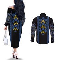 Ukraine Folk Patterns Couples Matching Off The Shoulder Long Sleeve Dress and Long Sleeve Button Shirt Sporty Style
