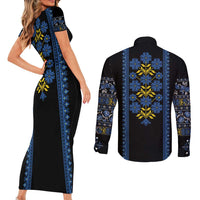 Ukraine Folk Patterns Couples Matching Short Sleeve Bodycon Dress and Long Sleeve Button Shirt Sporty Style