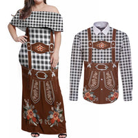 Oktoberfest Lederhosen Costume Couples Matching Off Shoulder Maxi Dress and Long Sleeve Button Shirt German Beer Festival - Wonder Print Shop
