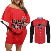 Custom Japan Rugby Couples Matching Off Shoulder Short Dress and Long Sleeve Button Shirt Seamless Japanese Waves Pattern - Wonder Print Shop