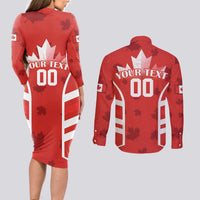 Custom Canada Rugby Couples Matching Long Sleeve Bodycon Dress and Long Sleeve Button Shirt Canada Flag Maple Leaf - Wonder Print Shop