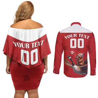 Custom Canada Rugby Couples Matching Off Shoulder Short Dress and Long Sleeve Button Shirt Beaver Riding A Goose - Wonder Print Shop