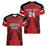 Custom Kenya Rugby Women V-Neck T-Shirt African Lion Unique Style - Wonder Print Shop