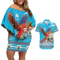 Honduras Christmas Couples Matching Off Shoulder Short Dress and Hawaiian Shirt Scarlet Macaw Feliz Navidad - Wonder Print Shop