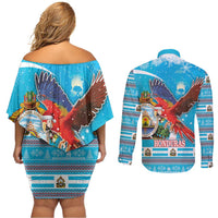 Honduras Christmas Couples Matching Off Shoulder Short Dress and Long Sleeve Button Shirt Scarlet Macaw Feliz Navidad - Wonder Print Shop