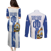 Custom Honduras Football Couples Matching Puletasi and Long Sleeve Button Shirt Los Catrachos Grunge Style - Wonder Print Shop