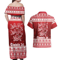 Denmark Christmas Couples Matching Off Shoulder Maxi Dress and Hawaiian Shirt Three Danish Lions - Wonder Print Shop