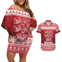Denmark Christmas Couples Matching Off Shoulder Short Dress and Hawaiian Shirt Three Danish Lions - Wonder Print Shop