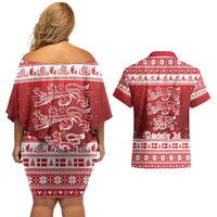 Denmark Christmas Couples Matching Off Shoulder Short Dress and Hawaiian Shirt Three Danish Lions - Wonder Print Shop