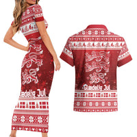 Denmark Christmas Couples Matching Short Sleeve Bodycon Dress and Hawaiian Shirt Three Danish Lions - Wonder Print Shop