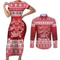 Denmark Christmas Couples Matching Short Sleeve Bodycon Dress and Long Sleeve Button Shirt Three Danish Lions - Wonder Print Shop