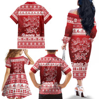Denmark Christmas Family Matching Off The Shoulder Long Sleeve Dress and Hawaiian Shirt Three Danish Lions - Wonder Print Shop