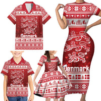 Denmark Christmas Family Matching Short Sleeve Bodycon Dress and Hawaiian Shirt Three Danish Lions - Wonder Print Shop