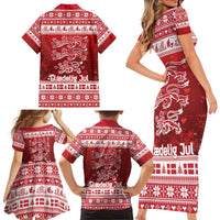 Denmark Christmas Family Matching Short Sleeve Bodycon Dress and Hawaiian Shirt Three Danish Lions - Wonder Print Shop