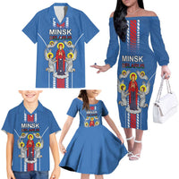 Personalized Belarus Family Matching Off The Shoulder Long Sleeve Dress and Hawaiian Shirt Coat Of Arms Minsk Capital