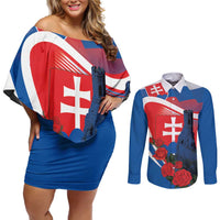 Slovakia Independence Day Couples Matching Off Shoulder Short Dress and Long Sleeve Button Shirt Devín Castle Nad Tatrou sa blyska