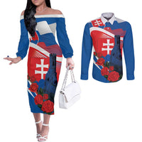 Slovakia Independence Day Couples Matching Off The Shoulder Long Sleeve Dress and Long Sleeve Button Shirt Devín Castle Nad Tatrou sa blyska