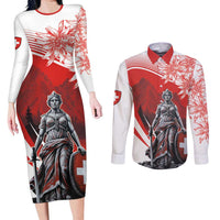 Switzerland Swiss National Day Couples Matching Long Sleeve Bodycon Dress and Long Sleeve Button Shirt Helvetia Matterhorn