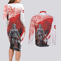Switzerland Swiss National Day Couples Matching Long Sleeve Bodycon Dress and Long Sleeve Button Shirt Helvetia Matterhorn