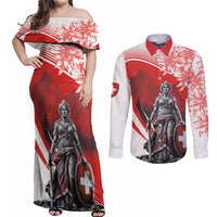 Switzerland Swiss National Day Couples Matching Off Shoulder Maxi Dress and Long Sleeve Button Shirt Helvetia Matterhorn