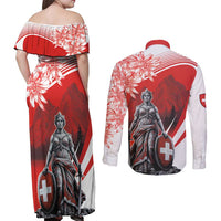 Switzerland Swiss National Day Couples Matching Off Shoulder Maxi Dress and Long Sleeve Button Shirt Helvetia Matterhorn
