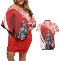 Switzerland Swiss National Day Couples Matching Off Shoulder Short Dress and Hawaiian Shirt Helvetia Matterhorn