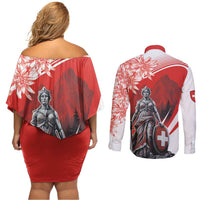 Switzerland Swiss National Day Couples Matching Off Shoulder Short Dress and Long Sleeve Button Shirt Helvetia Matterhorn