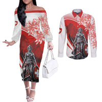 Switzerland Swiss National Day Couples Matching Off The Shoulder Long Sleeve Dress and Long Sleeve Button Shirt Helvetia Matterhorn