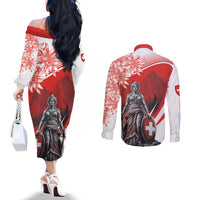 Switzerland Swiss National Day Couples Matching Off The Shoulder Long Sleeve Dress and Long Sleeve Button Shirt Helvetia Matterhorn