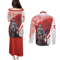 Switzerland Swiss National Day Couples Matching Puletasi and Long Sleeve Button Shirt Helvetia Matterhorn
