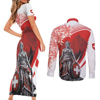 Switzerland Swiss National Day Couples Matching Short Sleeve Bodycon Dress and Long Sleeve Button Shirt Helvetia Matterhorn
